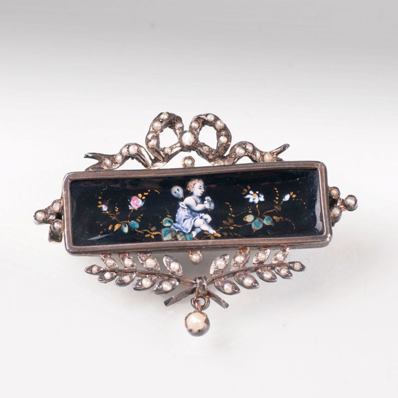 A french classical brooch with enamel painting and seepearls