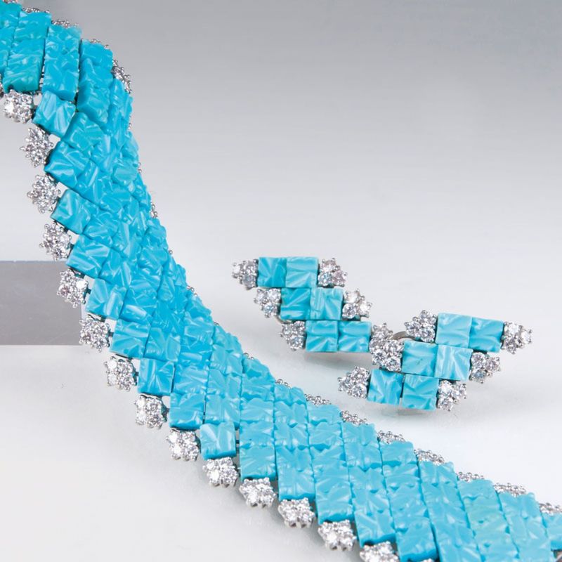 A Vintage turquoise diamond bracelet with earrings by Jeweller Wilm