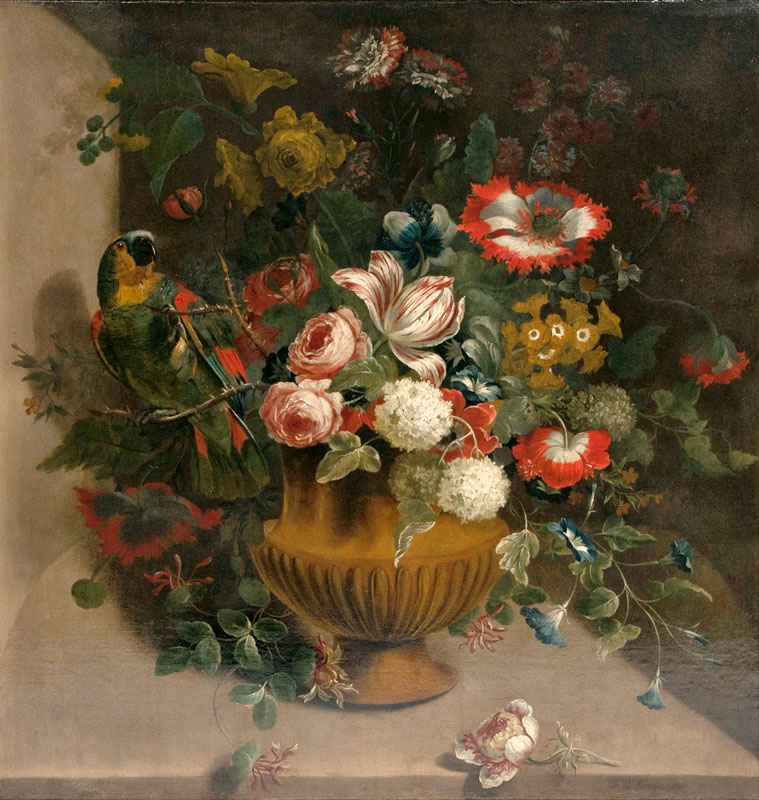 Vase of Flowers with Parrot