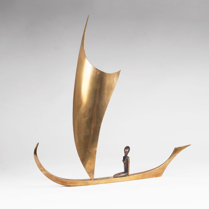 A sculpture 'kneeling woman on sailing boat'