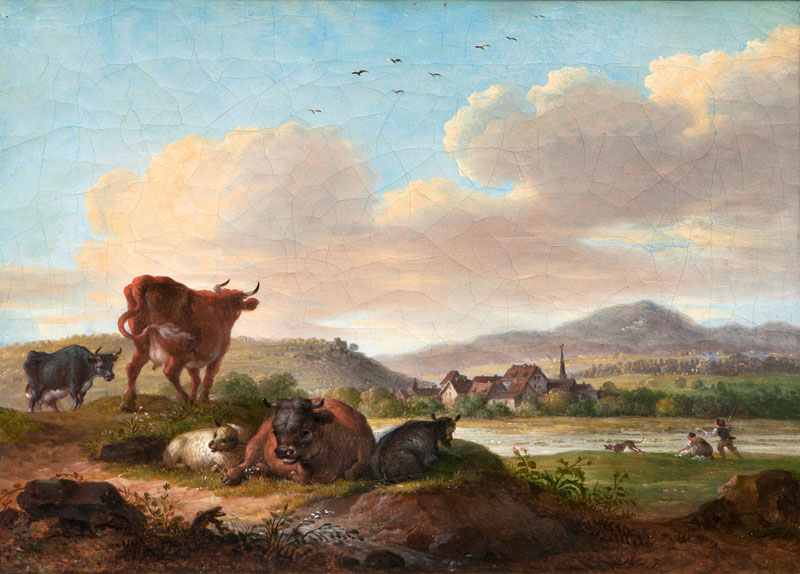 Paar Gegenstücke: Ruhendes Vieh am Ufer