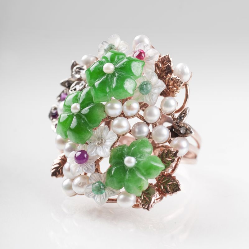 A flowershaped cocktailring with jade, pearls and precious stones