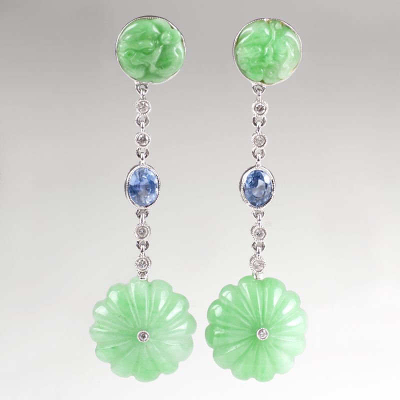 A pair of jade sapphire earpendants A pair of jade sapphire earpendants
