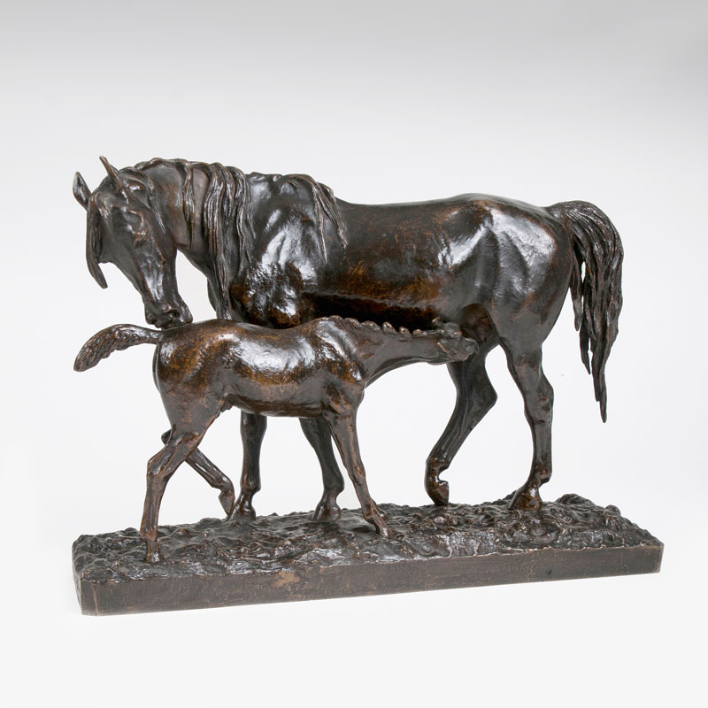 A bronze sculpture group 'Mare and her foal'