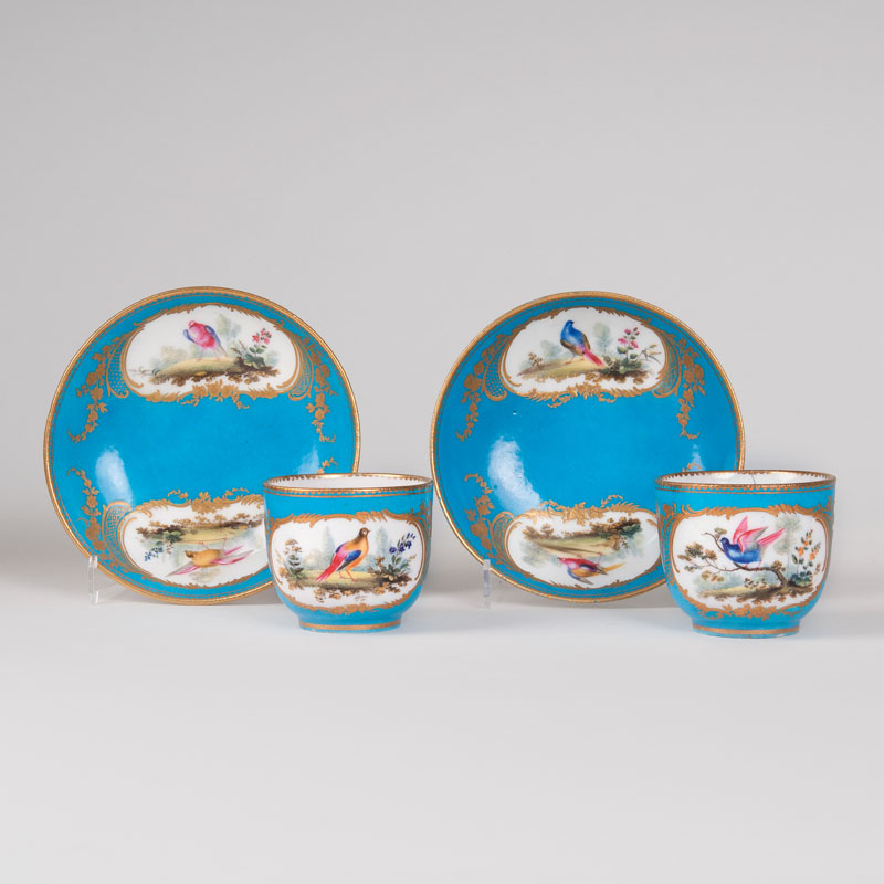 Paar Sèvres-Tassen mit Vogelmalerei