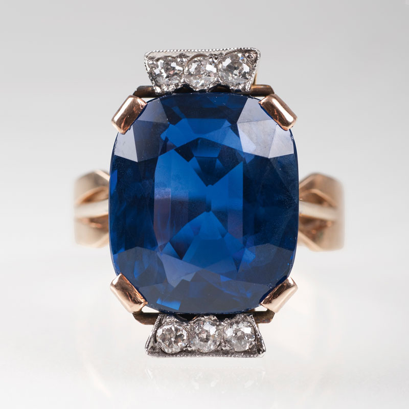A highcarat Art Déco sapphire ring with small old cut diamonds