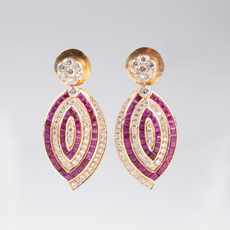 A pair of foliage shaped ruby diamond earpendants