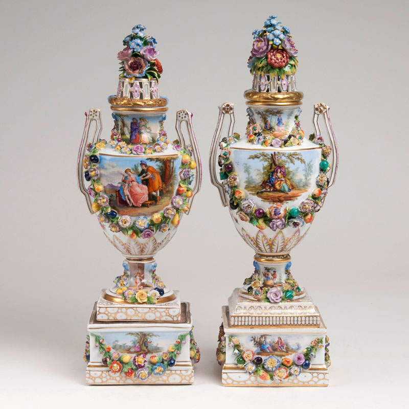 A pair of potpourri vases with figural scenes