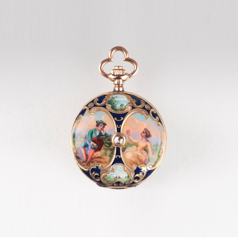 A ladie's pendant watch with enamel painting 'Galant Couple'