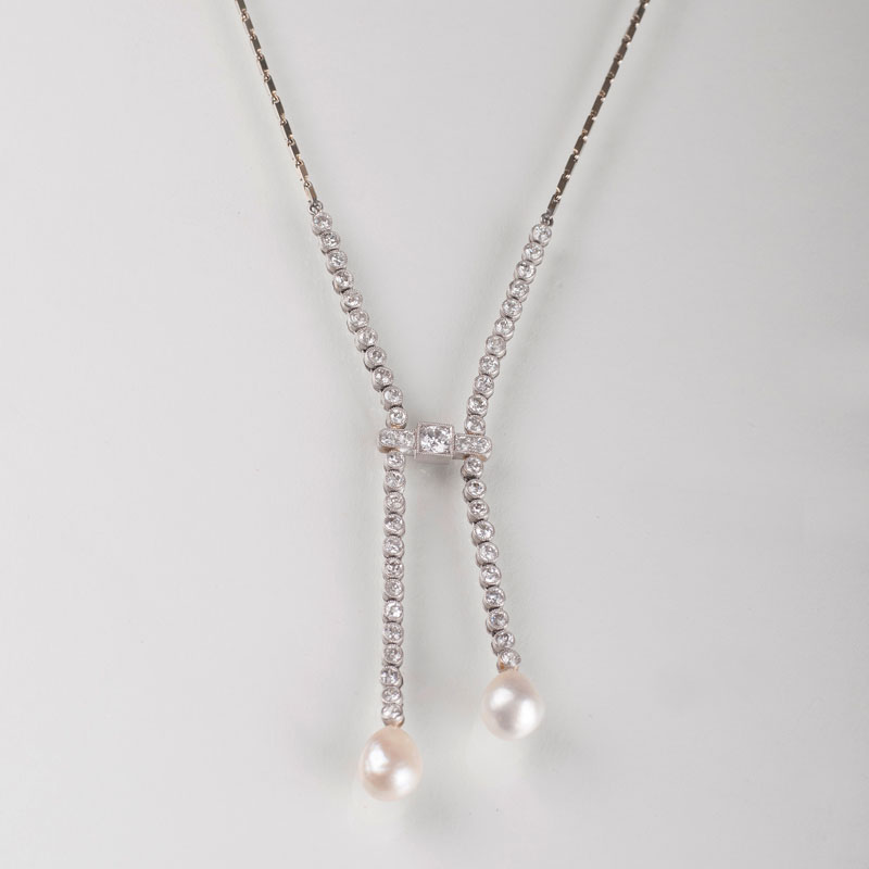 Art Nouveau diamond necklace with natural pearls