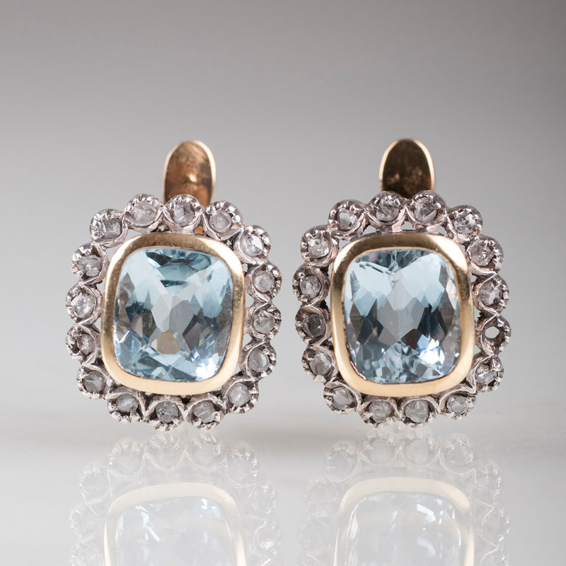 A pair of aquamarine diamond earrings A pair of aquamarine diamond earrings