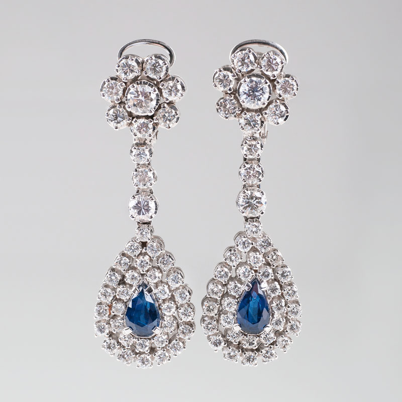 A very fine pair of Vintage sapphire diamond earpendants A very fine pair of Vintage sapphire diamond earpendants