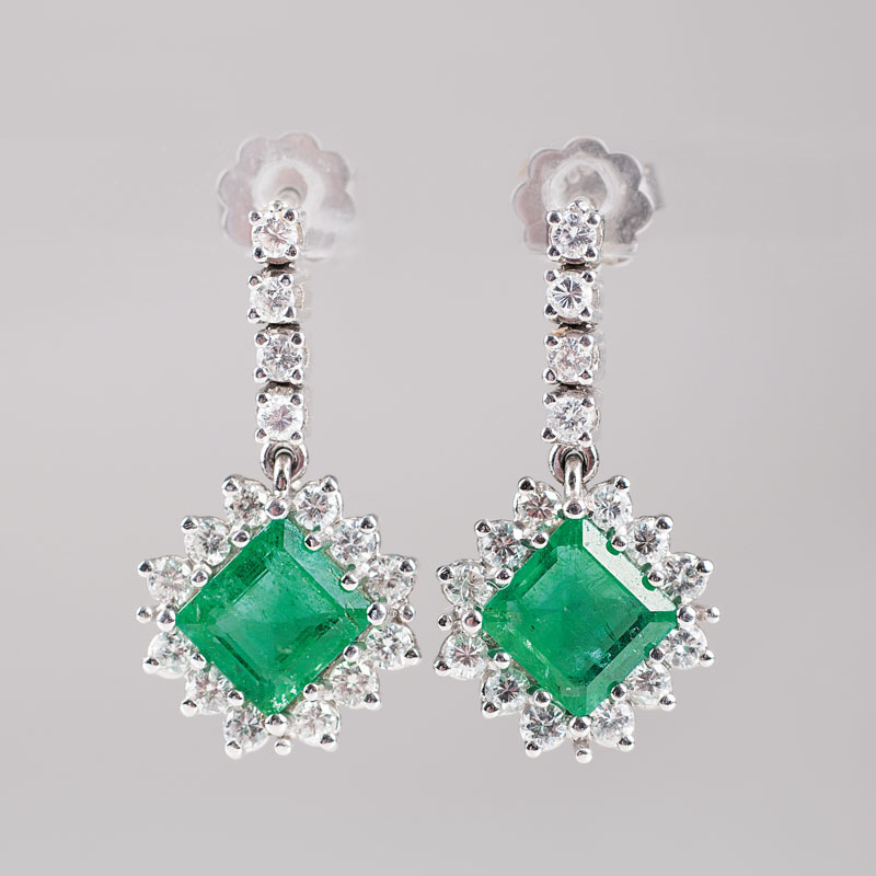A pair of emerald diamond earpendants A pair of emerald diamond earpendants
