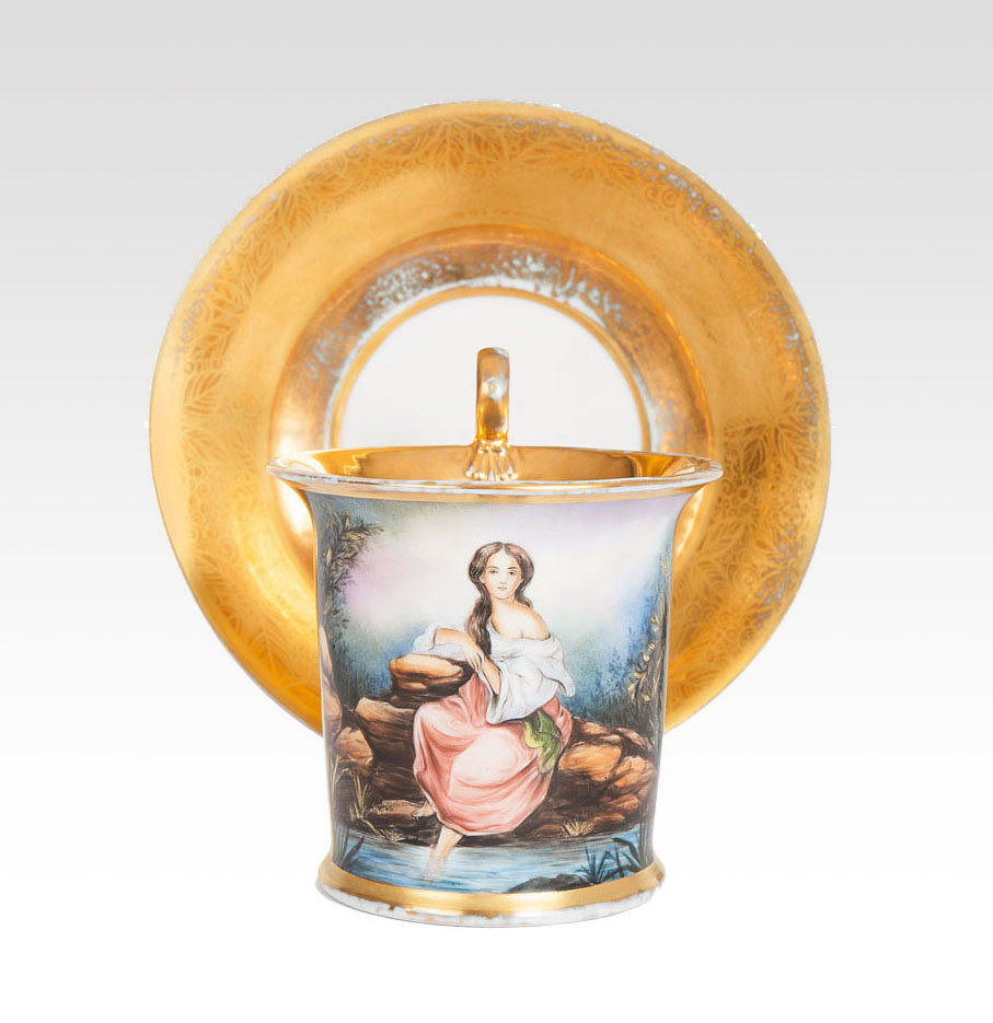 A rare russian cup in Empire-style 'Pretty girl above the river'