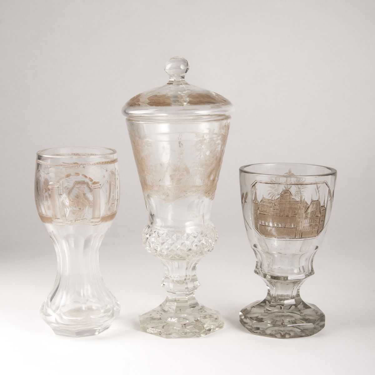 Two Biedermeier glass beakers and a lidded cup