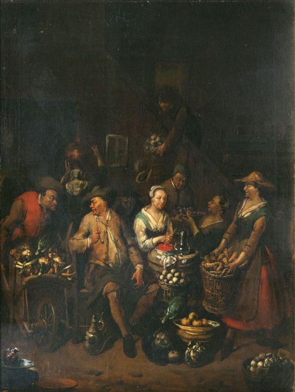 Jan Baptist Lambrechts - Companion Pieces: Kitchen Scenes with Vegetables being delivered Companion Pieces: Kitchen Scenes with Vegetables being delivered