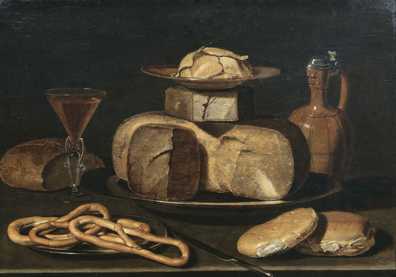 Still Life with Cheese, Jar, Pretzels, Bread and Wine