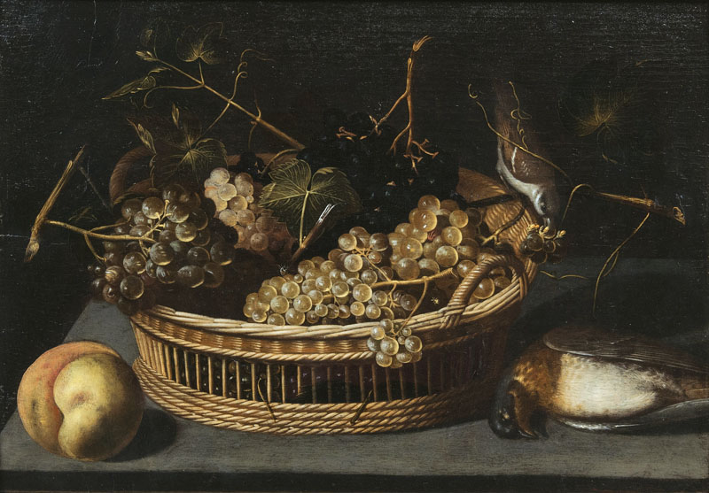 Franz Godin - Stilleben mit Trauben, Pfirsich und Vögeln Stilleben mit Trauben, Pfirsich und Vögeln