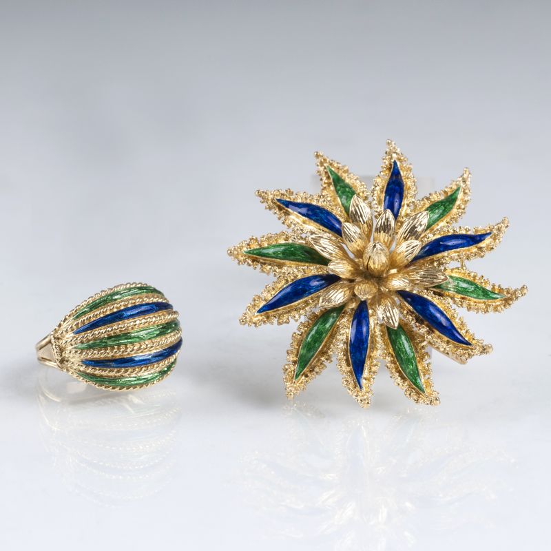 A gold enamel brooch with matching ring
