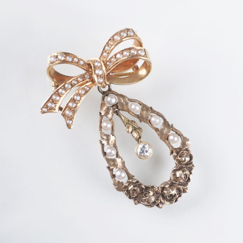 An art nouveau seedpearl diamond brooch