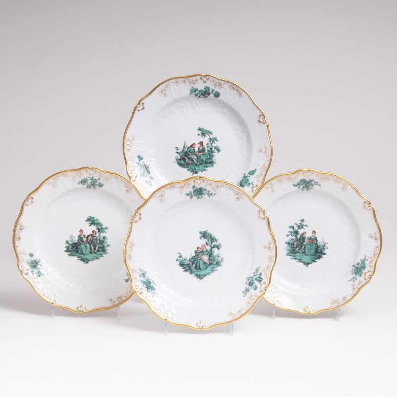 Four Small Plates with Copper Green Watteau Painting