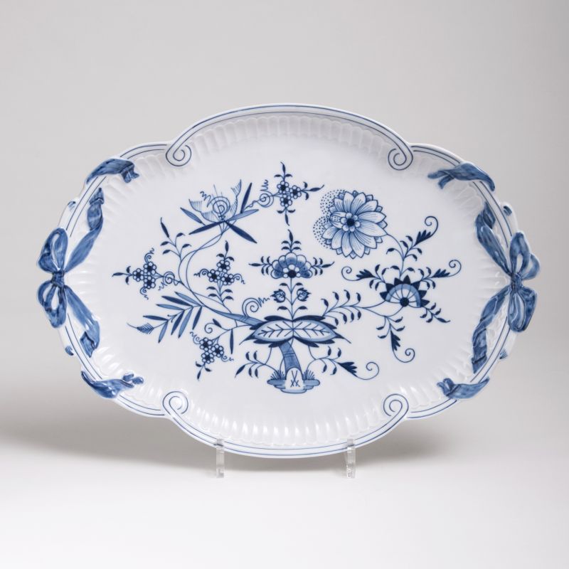 A Cambered Tray 'Onion Pattern' with Ribbon Motif
