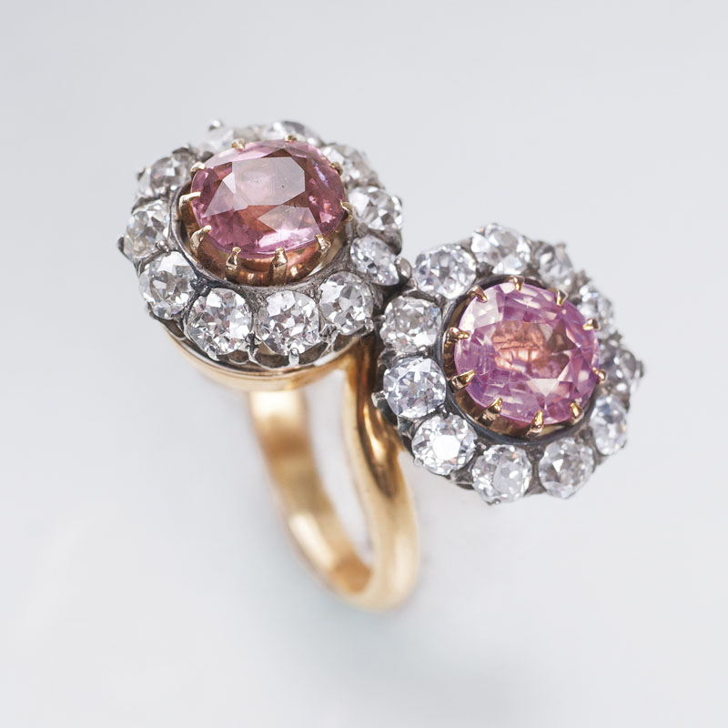 An antique pink sapphire tourmaline ring with old cut diamonds
