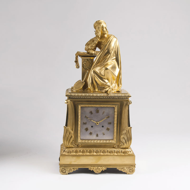 A fine gilded Napoléon-III mantel clock 'Allegory of painting' by Bruneau