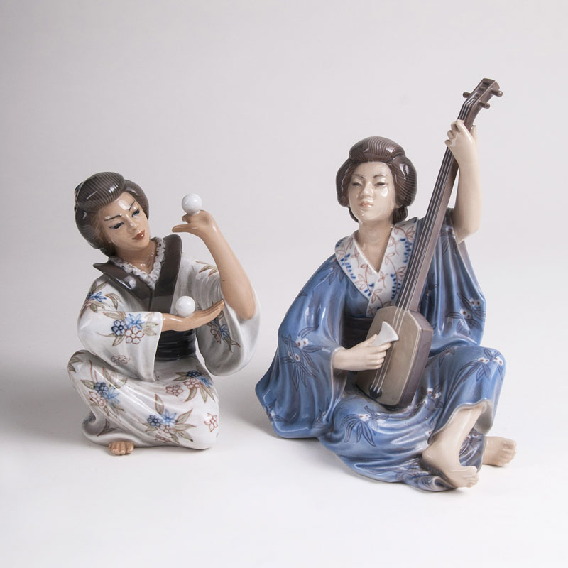 A Pair of Figures 'Japanese Juggler Girl' and 'Geisha'