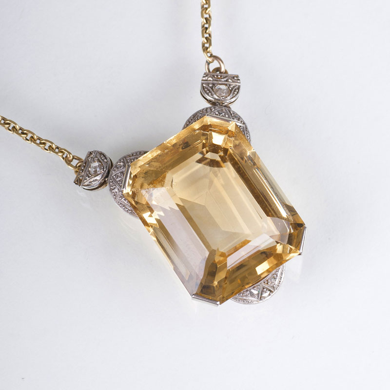 An Art-déco citrine diamond pendant with long necklace An Art-déco citrine diamond pendant with long necklace