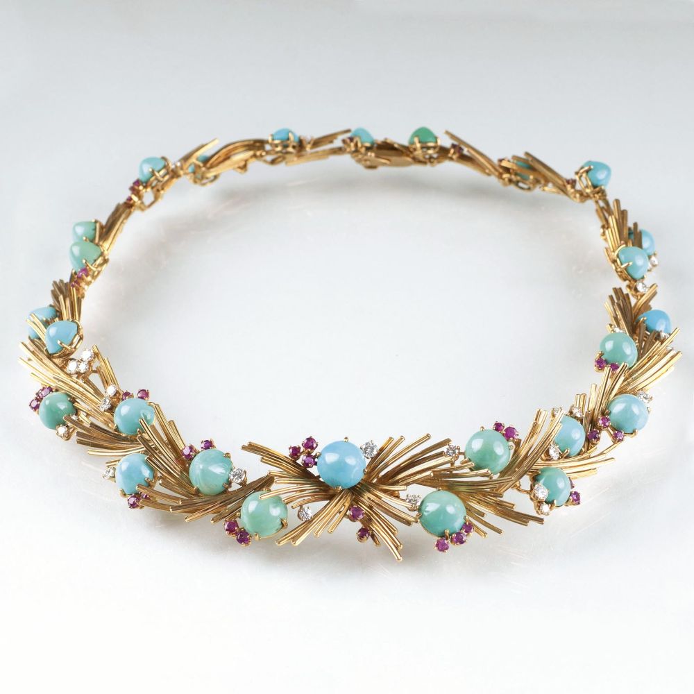 A rare Vintage Necklace with Turquoises, Rubies and Diamonds