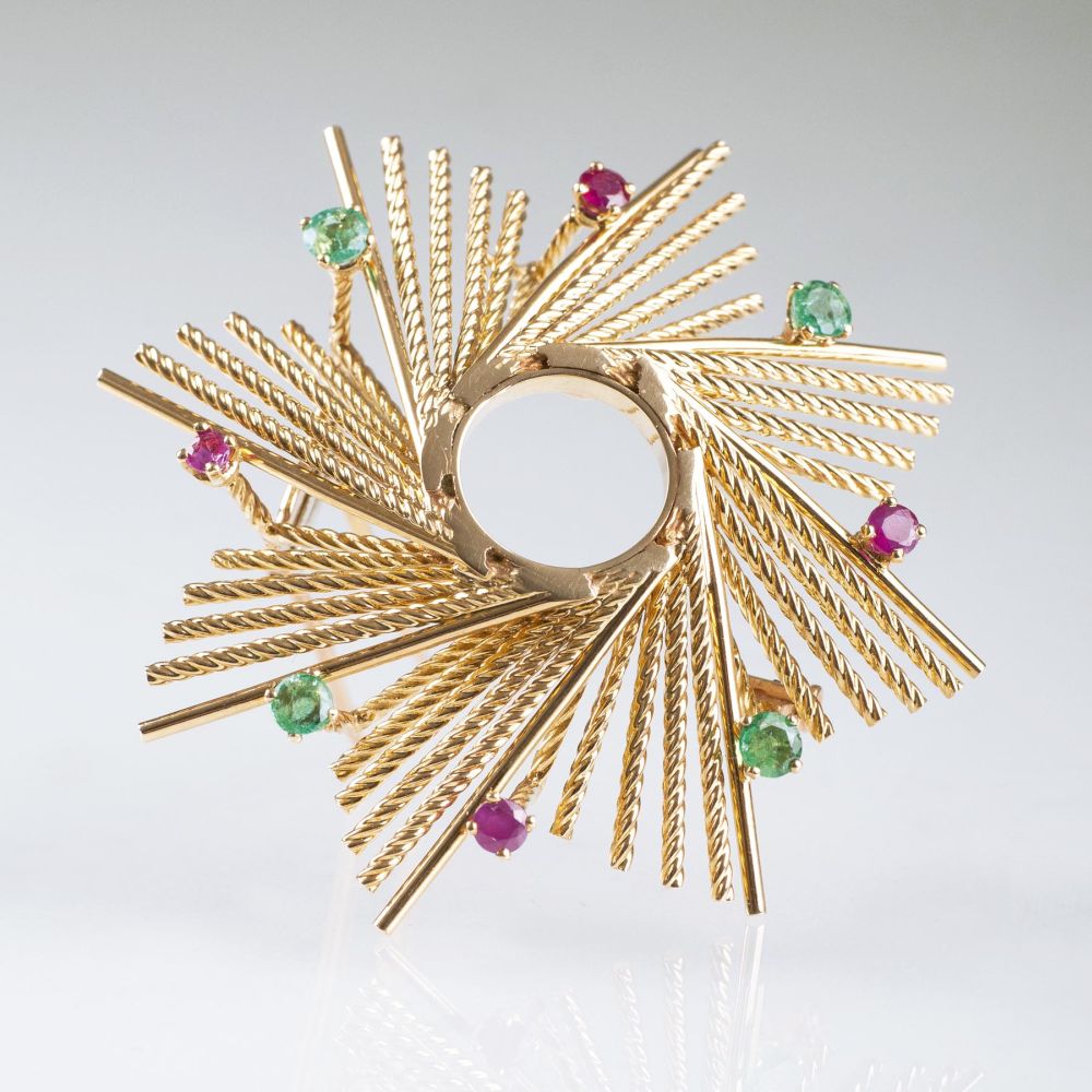 A Vintage Gold Brooch with Rubies and Emeralds