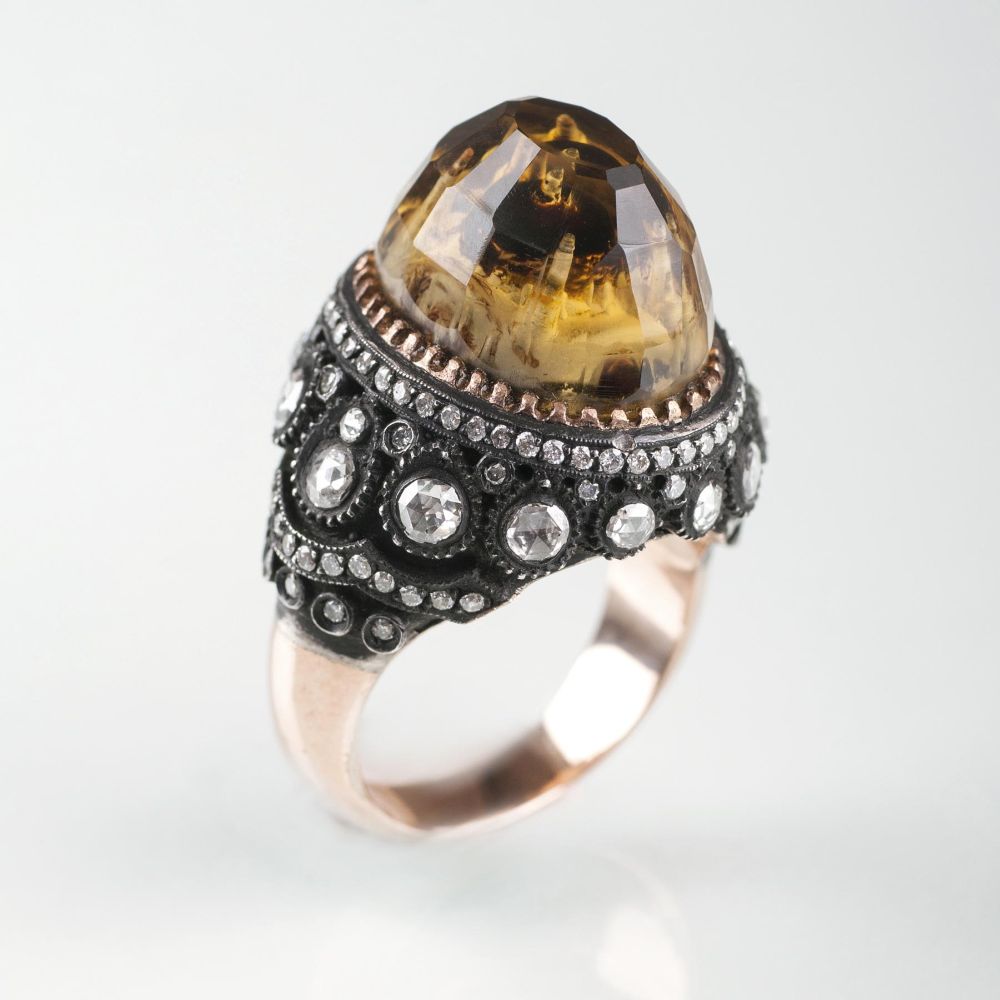 A large Citrine Diamond Ring with Miniature of a Mosque