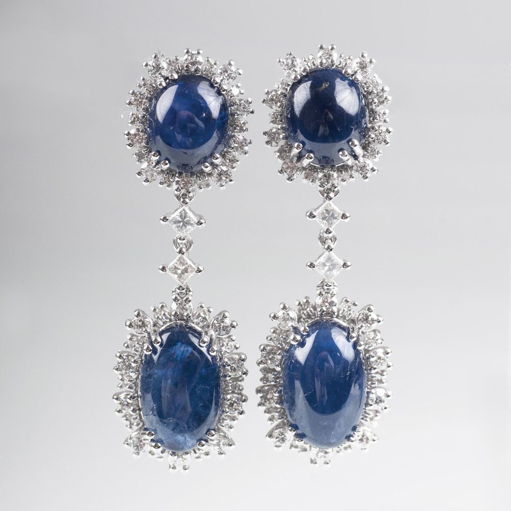 A Pair of highcarat Earpendants with Natural Burma Sapphires and Diamonds