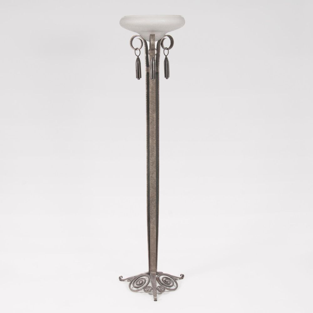 An Art-Déco Forged Iron Floor Lamp with Muller Frères Shade