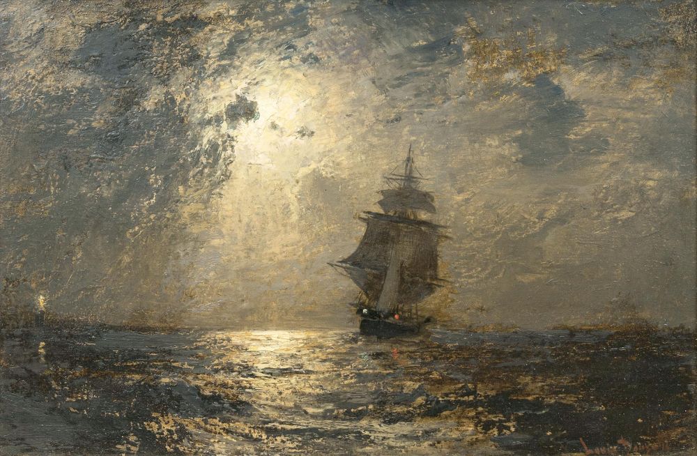 Louis Douzette - Segler im Mondlicht mit Leuchtturm Segler im Mondlicht mit Leuchtturm