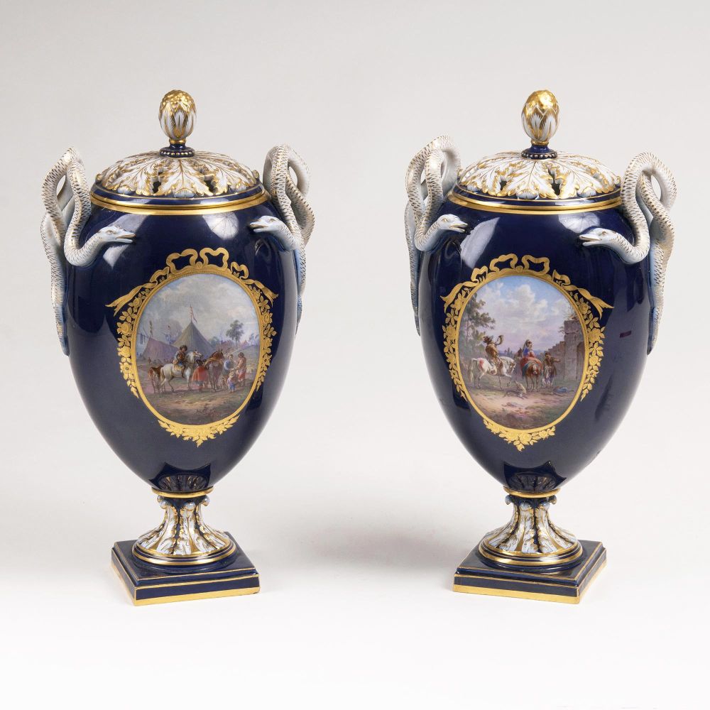 A Pair of Vases with Snake Handles and Dutch Scenes after Wouwerman
