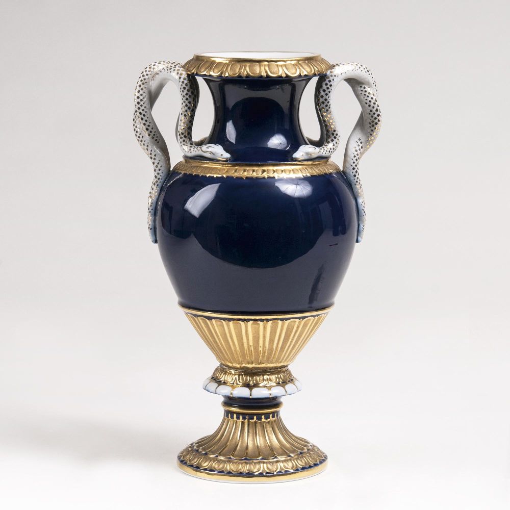 A Vase with Snake handles and Cobalt Blue Ground