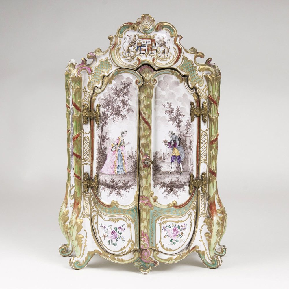 A Rare Miniature Faience Cabinet with Watteau Scenes