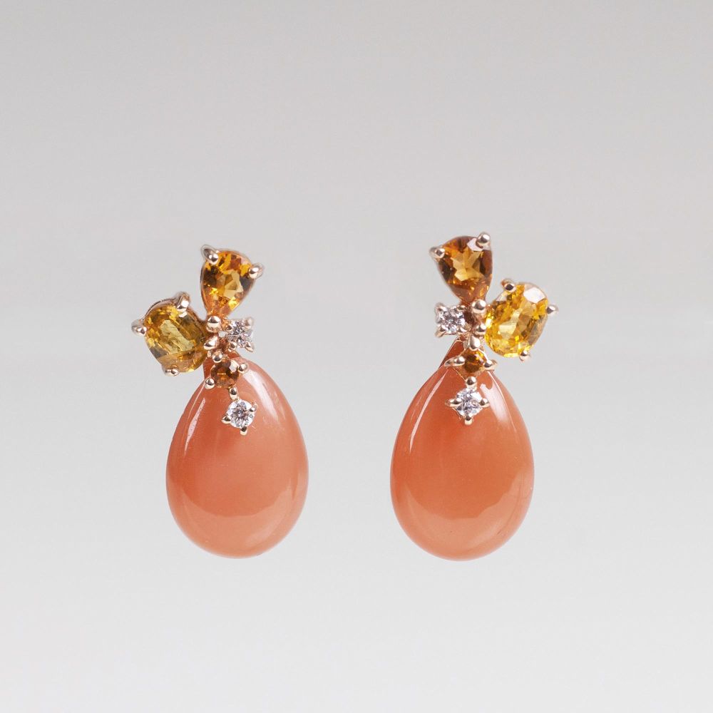 A Pair of Moonstone Earrings with Yellow Sapphires