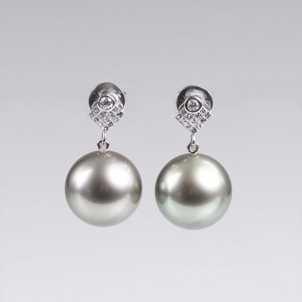 A Pair of Tahiti Pearl Diamond Earrings