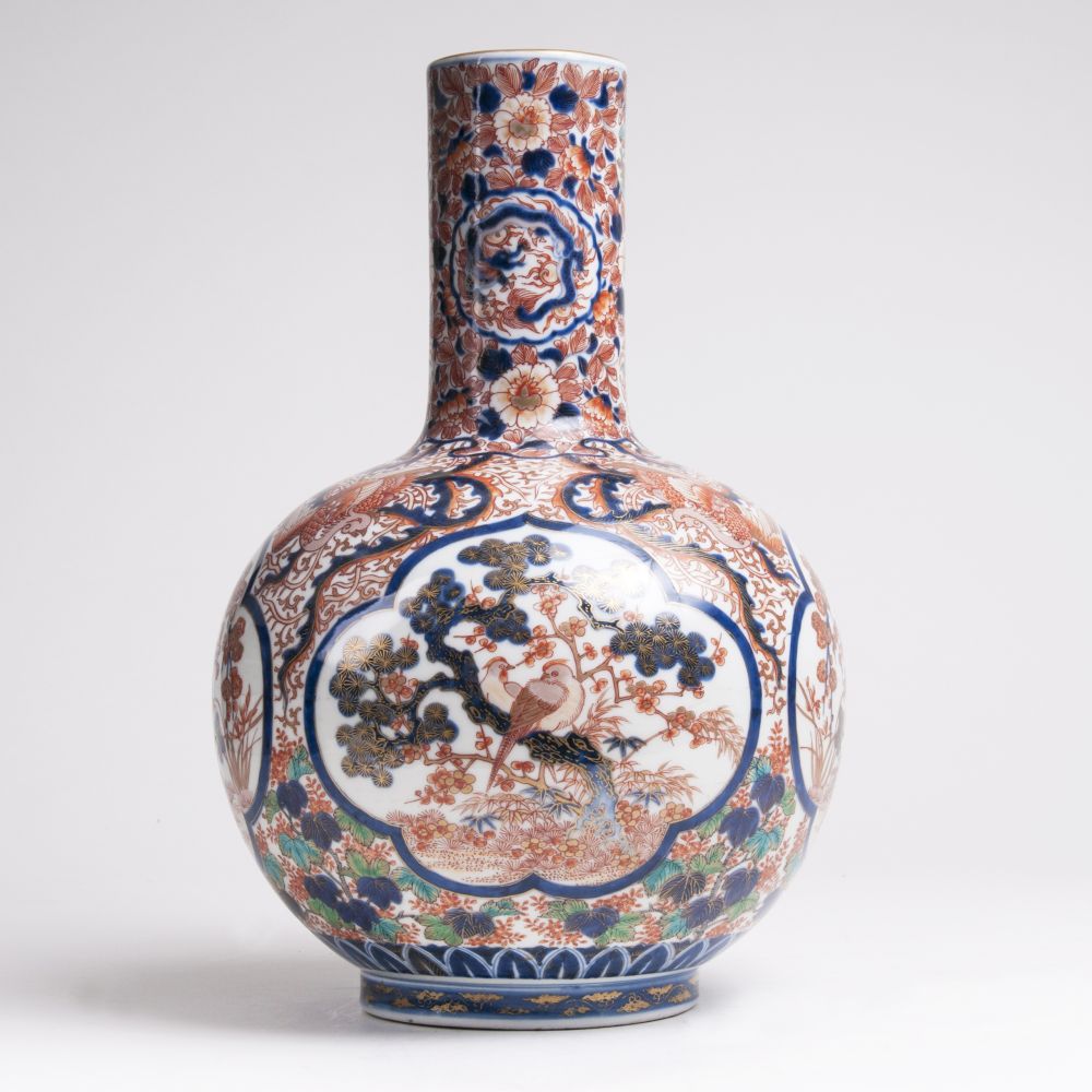 A Large Imari Narrow Neck Vase with Birds and Flower Tendrils