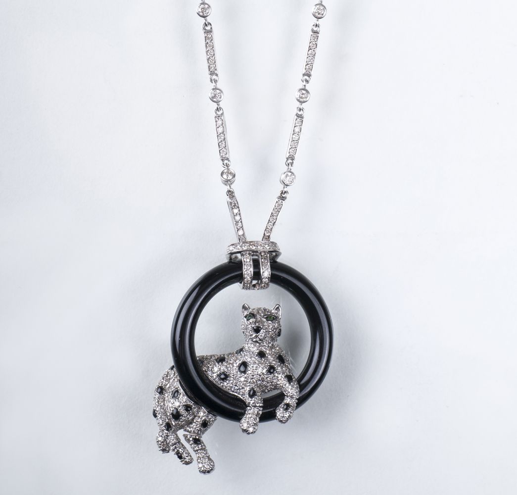 Panther-Anhänger mit Diamant und Onyx-Besatz Panther-Anhänger mit Diamant und Onyx-Besatz