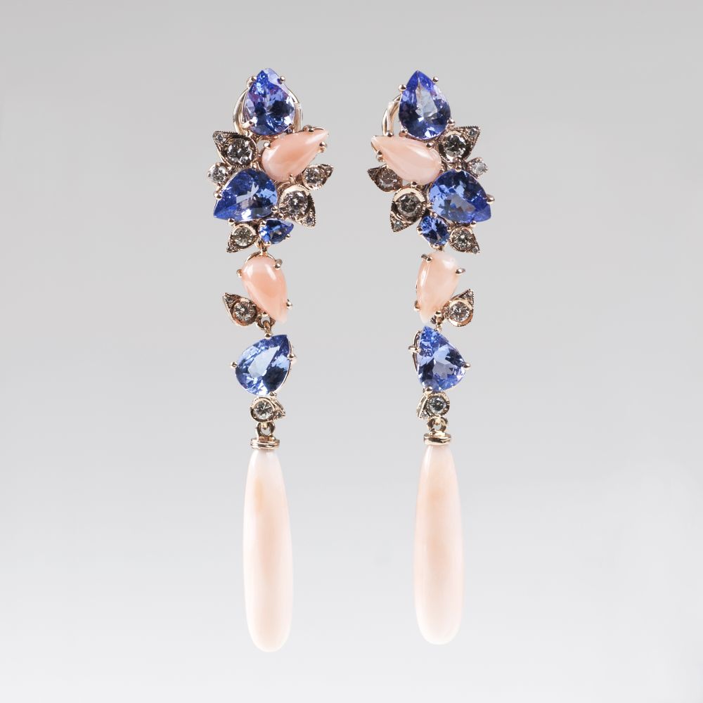 A Pair of Coral Earpendants with Tanzanites and Diamonds