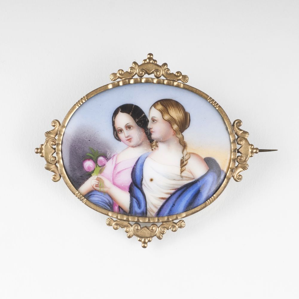 A Biedermeier Porcelain Brooch with Miniature Portraits