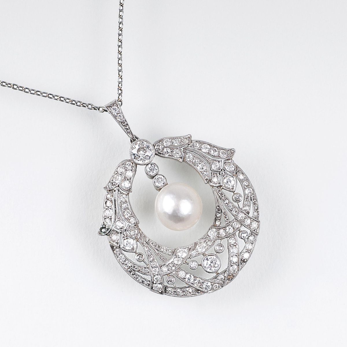 A fine Art Nouveau Diamond Natural Pearl Pendant with necklace