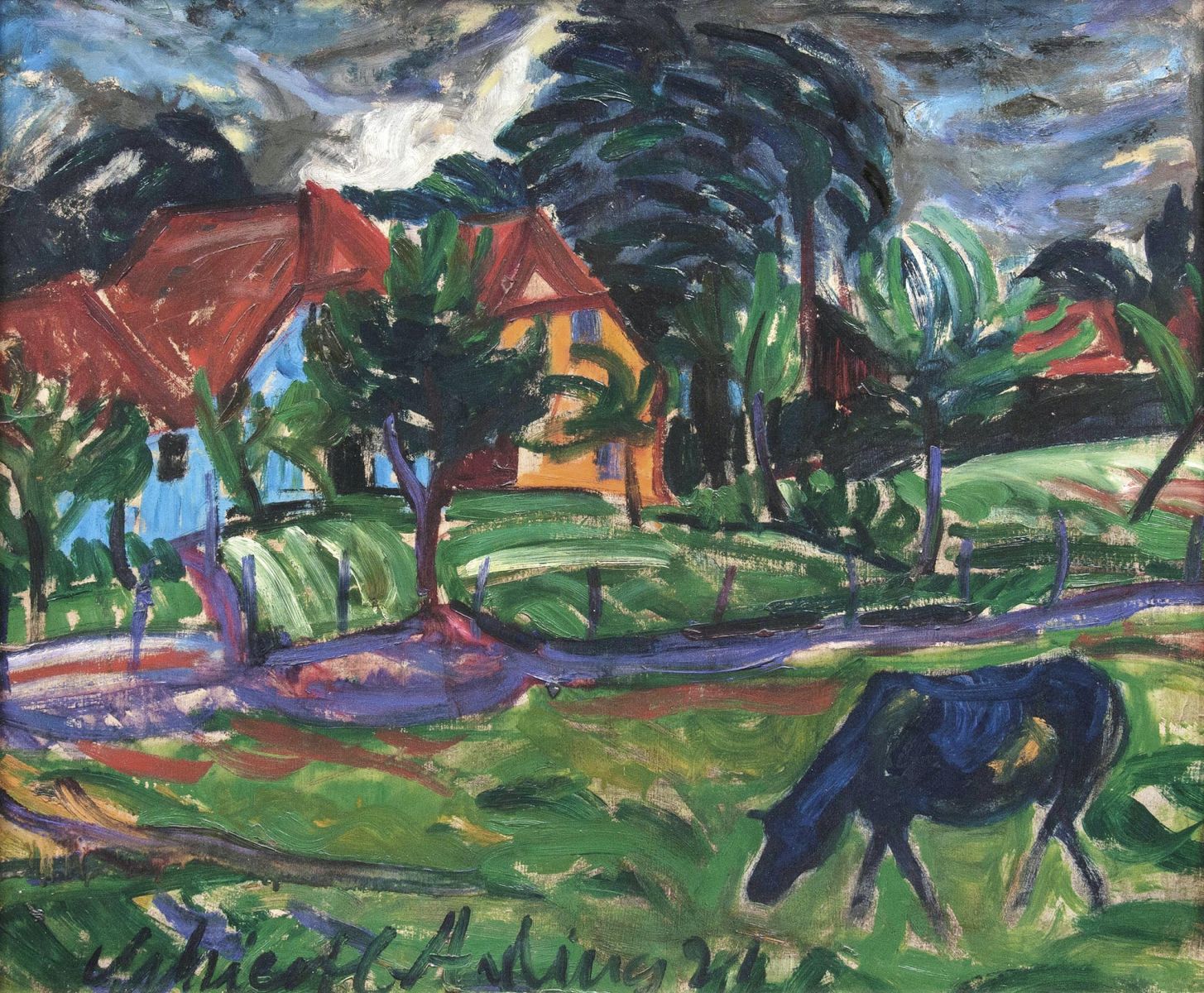 Farmhouse with grazing cow