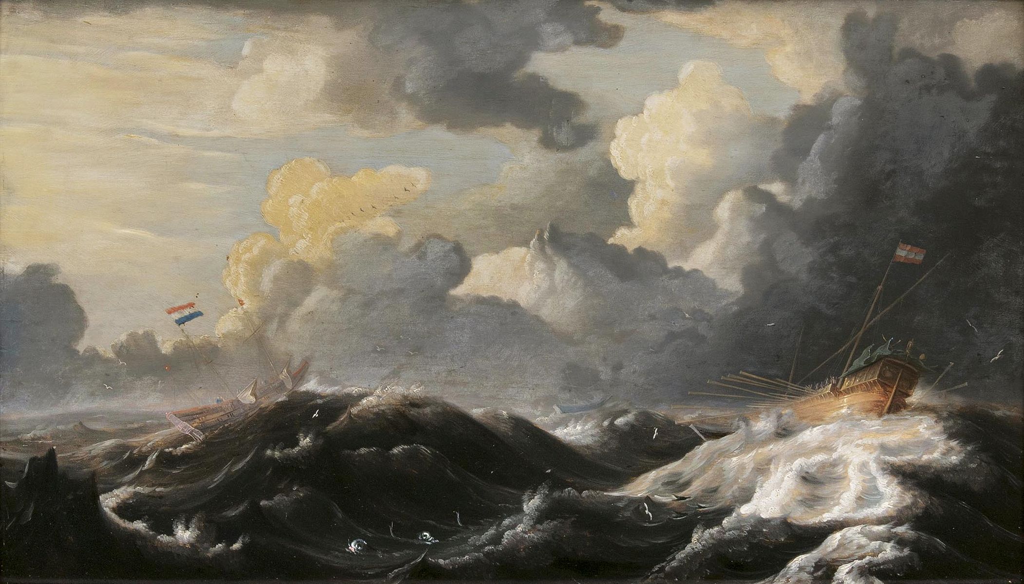A Galley and Dutch Three-Master in a Gale