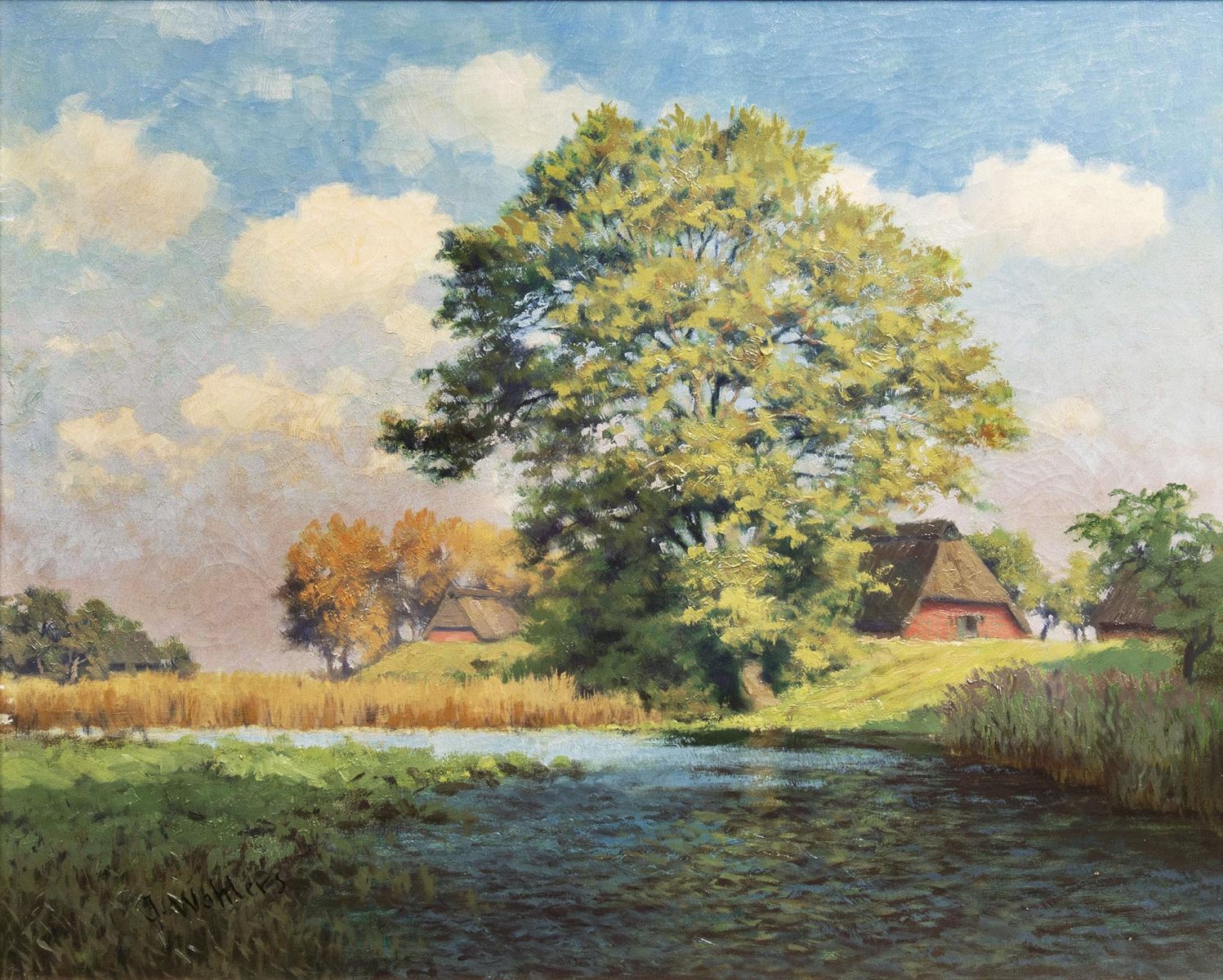 Sommerlandschaft mit Häusern am See