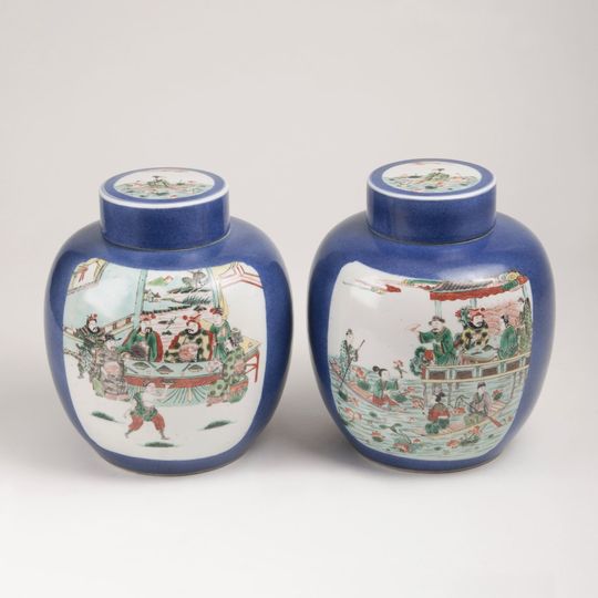 A Pair of 'Famille Verte' Ginger Jars with Figural Scenes